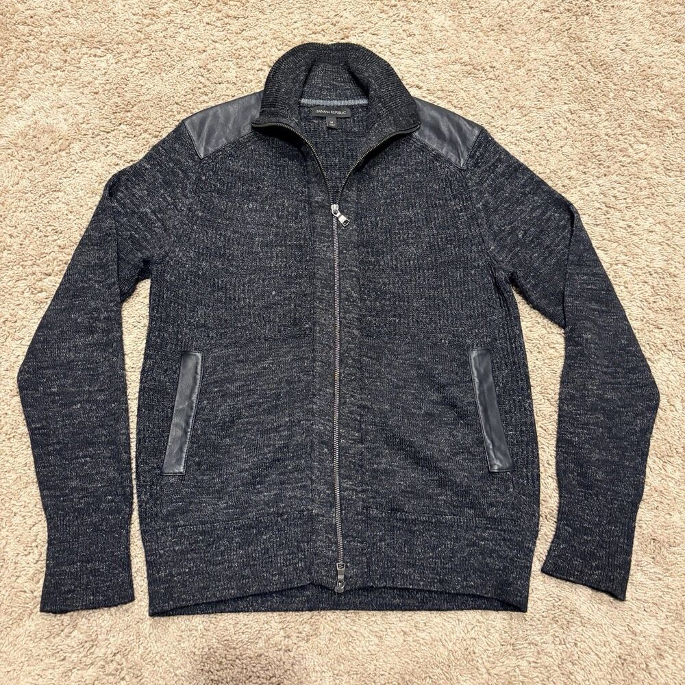 Banana Republic Wool Linen Cardigan Leather Trim Mens Size Medium Gray Full Zip